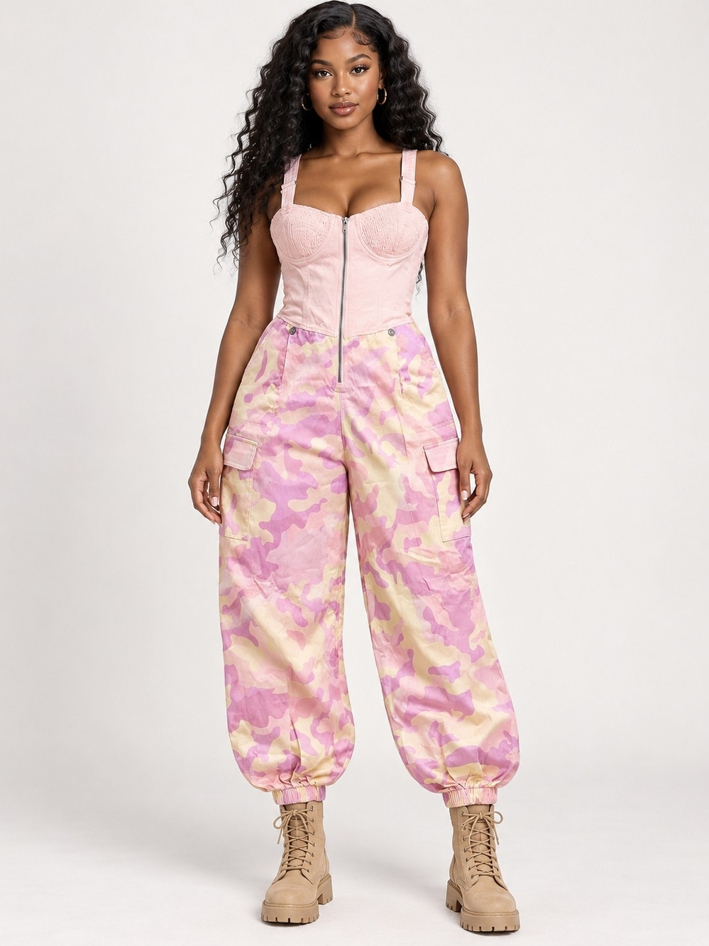 NWT Pink Camouflage Utility Jumpsuit Bustier Top Pockets Cargo Pants Sz XS